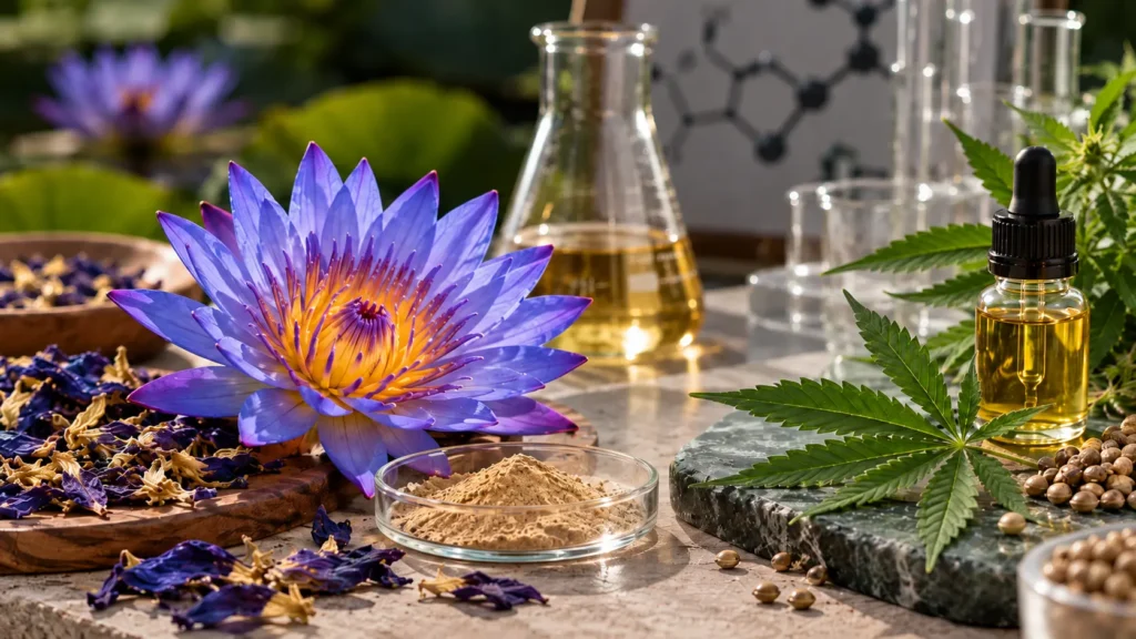 Blue lotus extract and CBD ingredients shown side by side for botanical formulation comparison