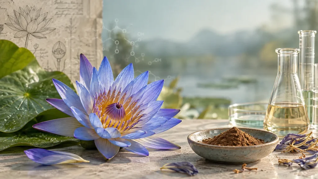 Blue lotus flower, extract powder and laboratory glassware representing active compounds and scientific research