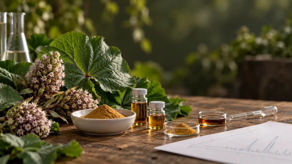 Total petasins in butterbur root extract: Petasites japonicus rhizome, extract powder and HPLC vial