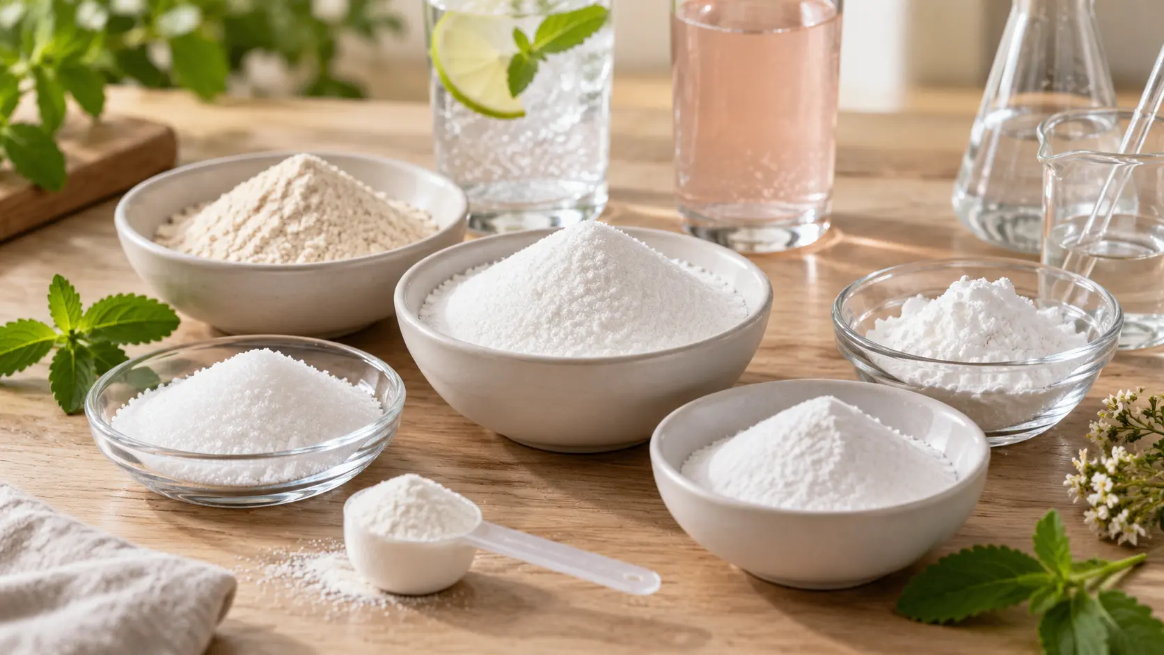 Botanical food additives and formulation ingredients with powders, stevia leaves and laboratory glassware