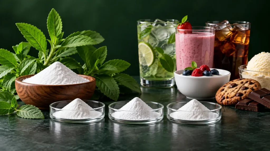 Stevia extract grades for food and beverage applications with stevia leaves, fine white powder and finished food and drink products