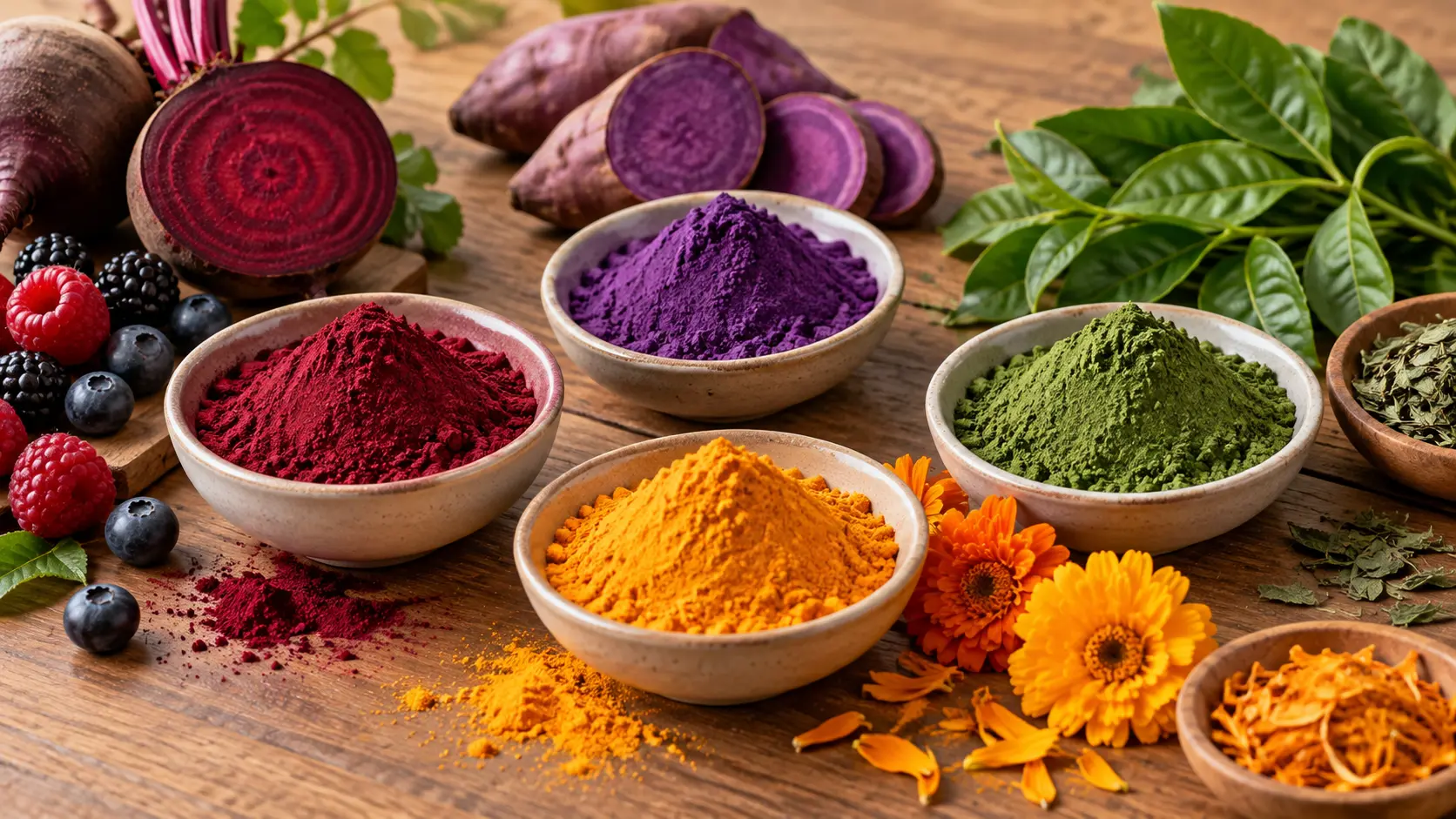 Natural botanical pigments with red, purple, yellow and green plant-based powders