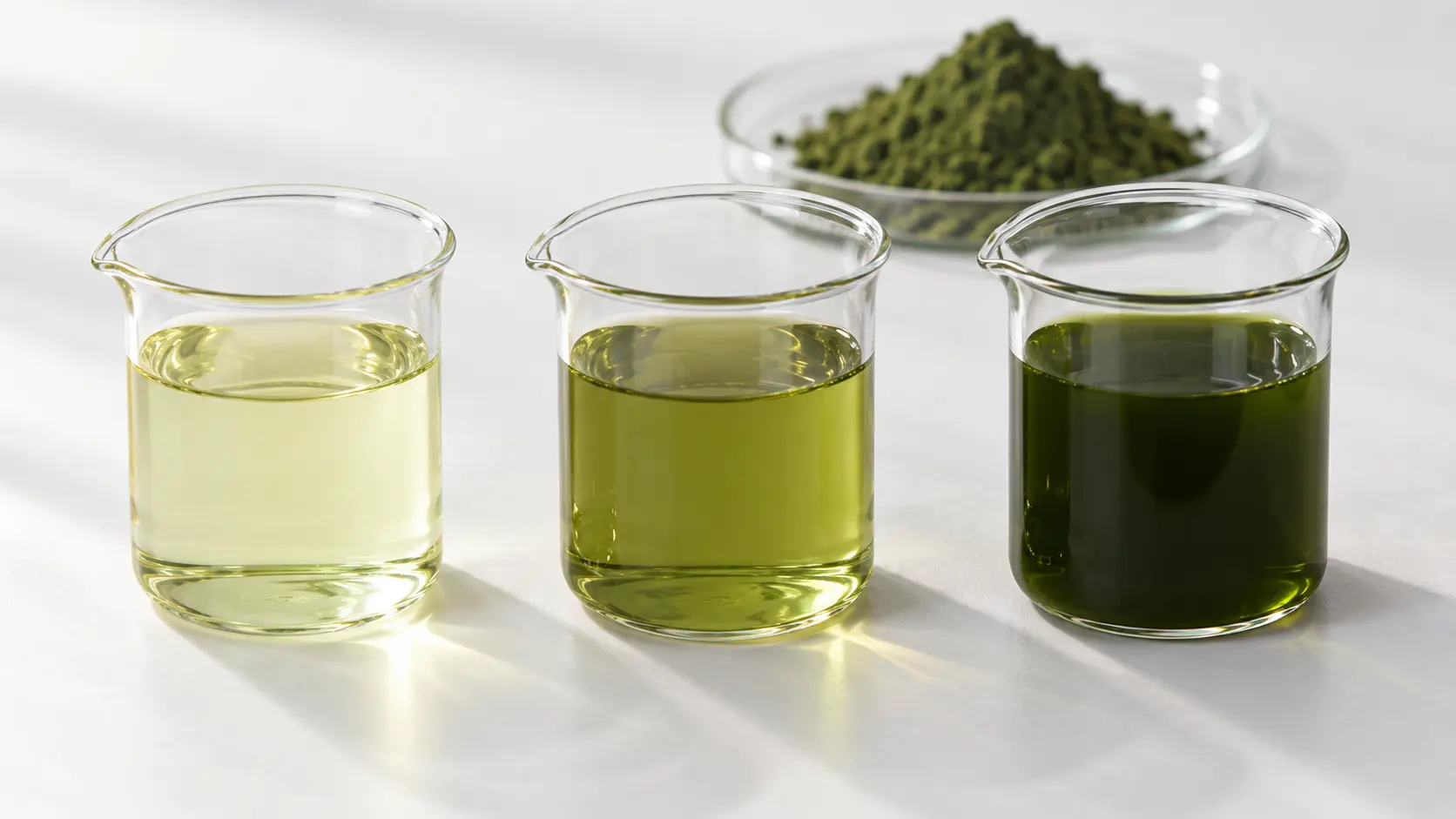 Nettle leaf extract color impact — three beakers showing progressive green tinting at different extract concentrations in a clear base