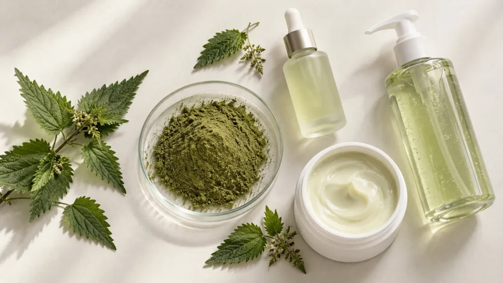 Nettle leaf extract for hair care — dried nettle leaves alongside shampoo and serum bottles in a formulation setting