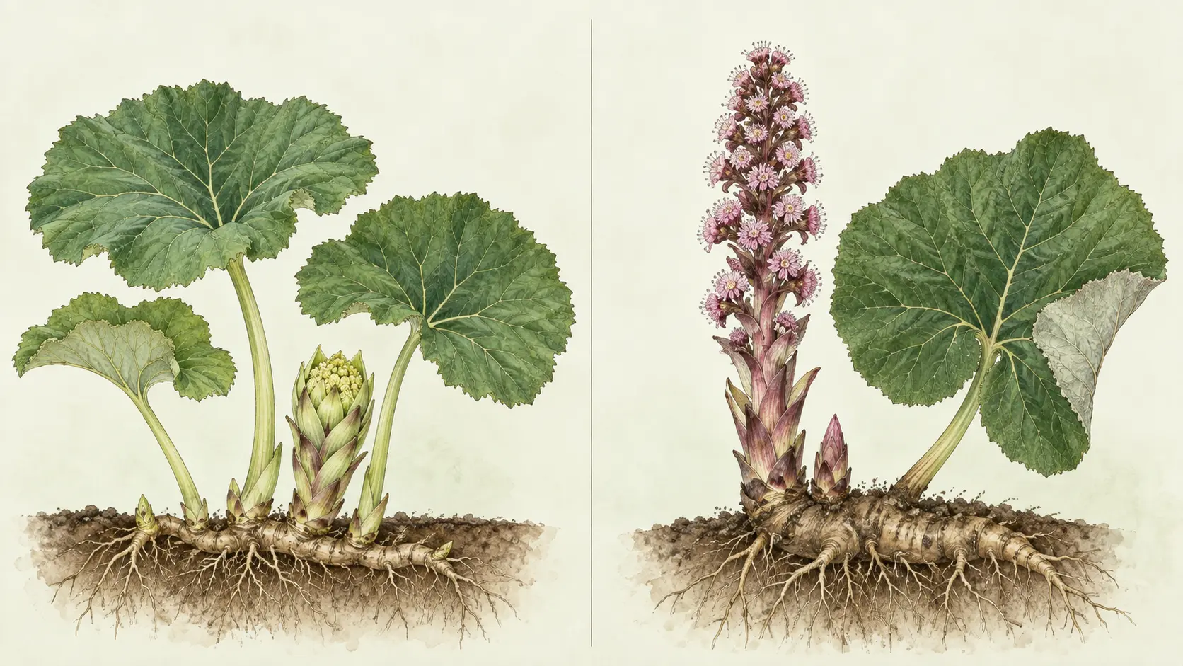 Petasites japonicus vs Petasites hybridus: Japanese butterbur buds beside a European butterbur flower spike