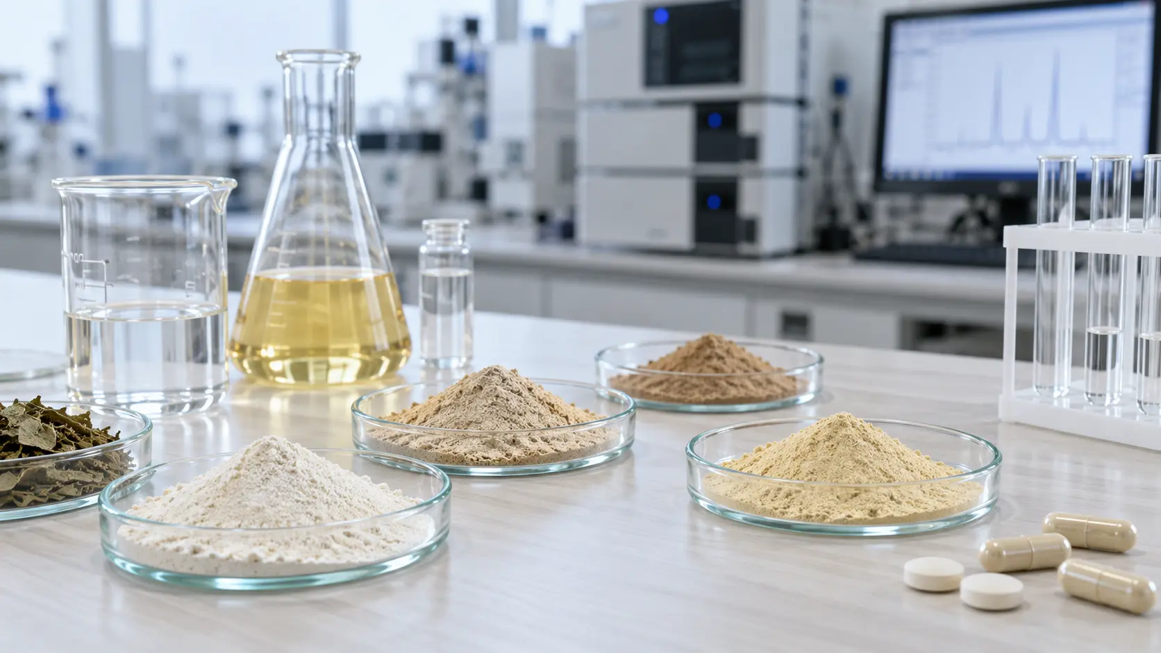 Standardized botanical extract powders with laboratory glassware and HPLC equipment for pharmaceutical use