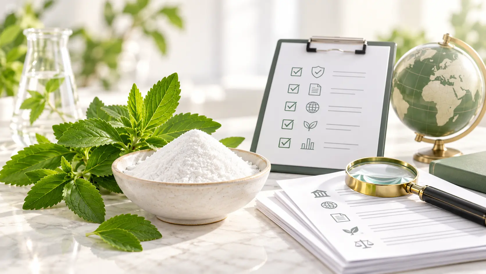 Steviol glycoside regulation guide with stevia leaves, powder and compliance documents