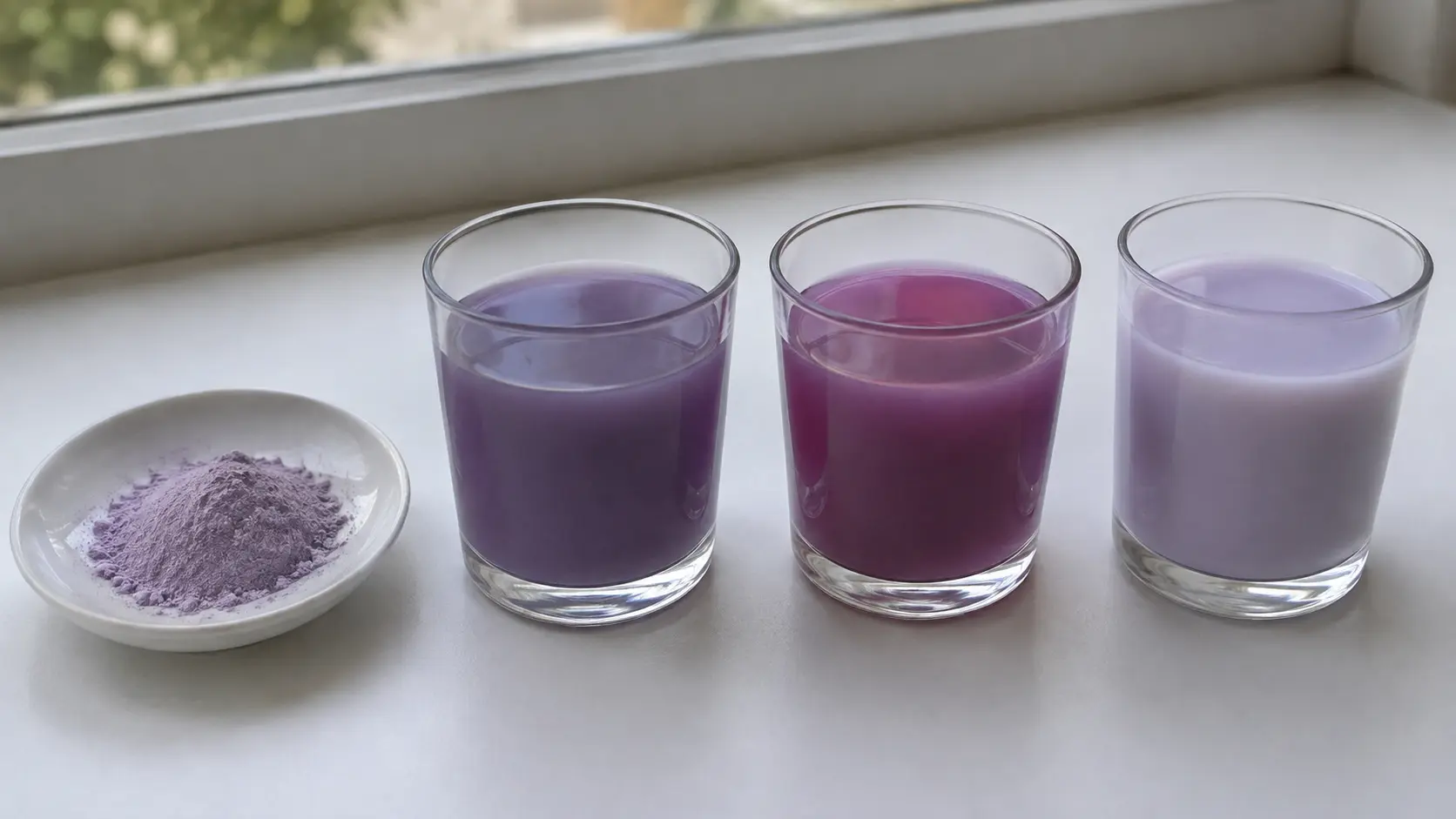 Illustration of ube powder dry, mixed in water, in water with lemon juice and in milk, showing the typical direction of colour change