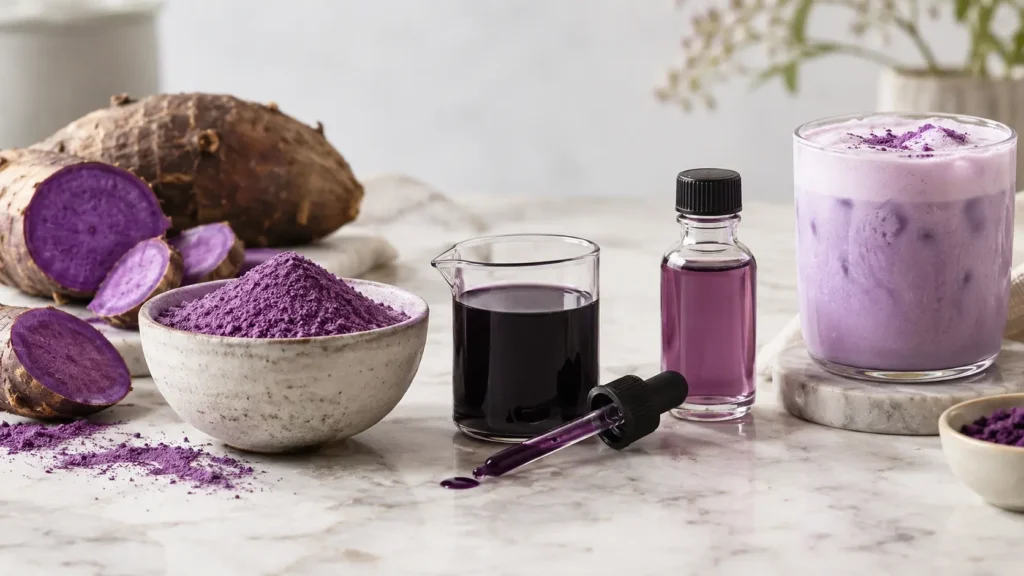 Ube powder vs ube extract: muted purple Dioscorea alata powder beside a vivid dye-coloured ube flavouring