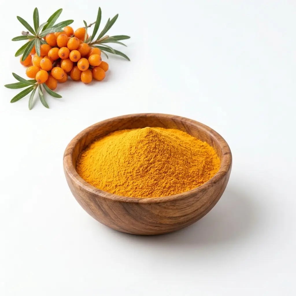 Bulk sea buckthorn fruit powder — vivid orange-yellow freeze-dried whole-berry powder from Hippophae rhamnoides