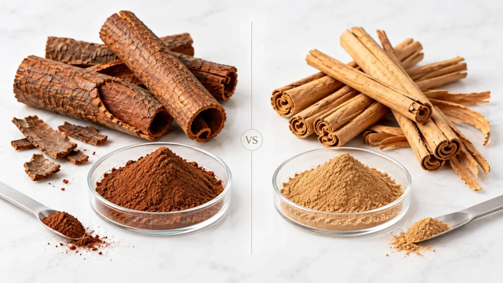 Cassia vs Ceylon cinnamon extract — side-by-side bark comparison showing thick Cassia roll and thin multi-layered Ceylon quills