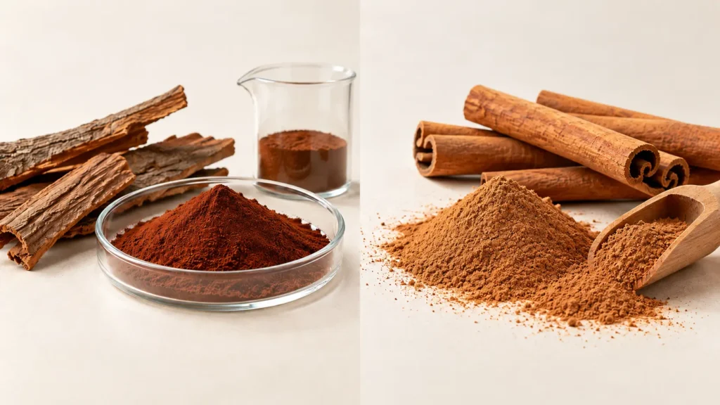 Cinnamon bark extract vs cinnamon powder — polyphenol extract and ground bark side by side on white surface