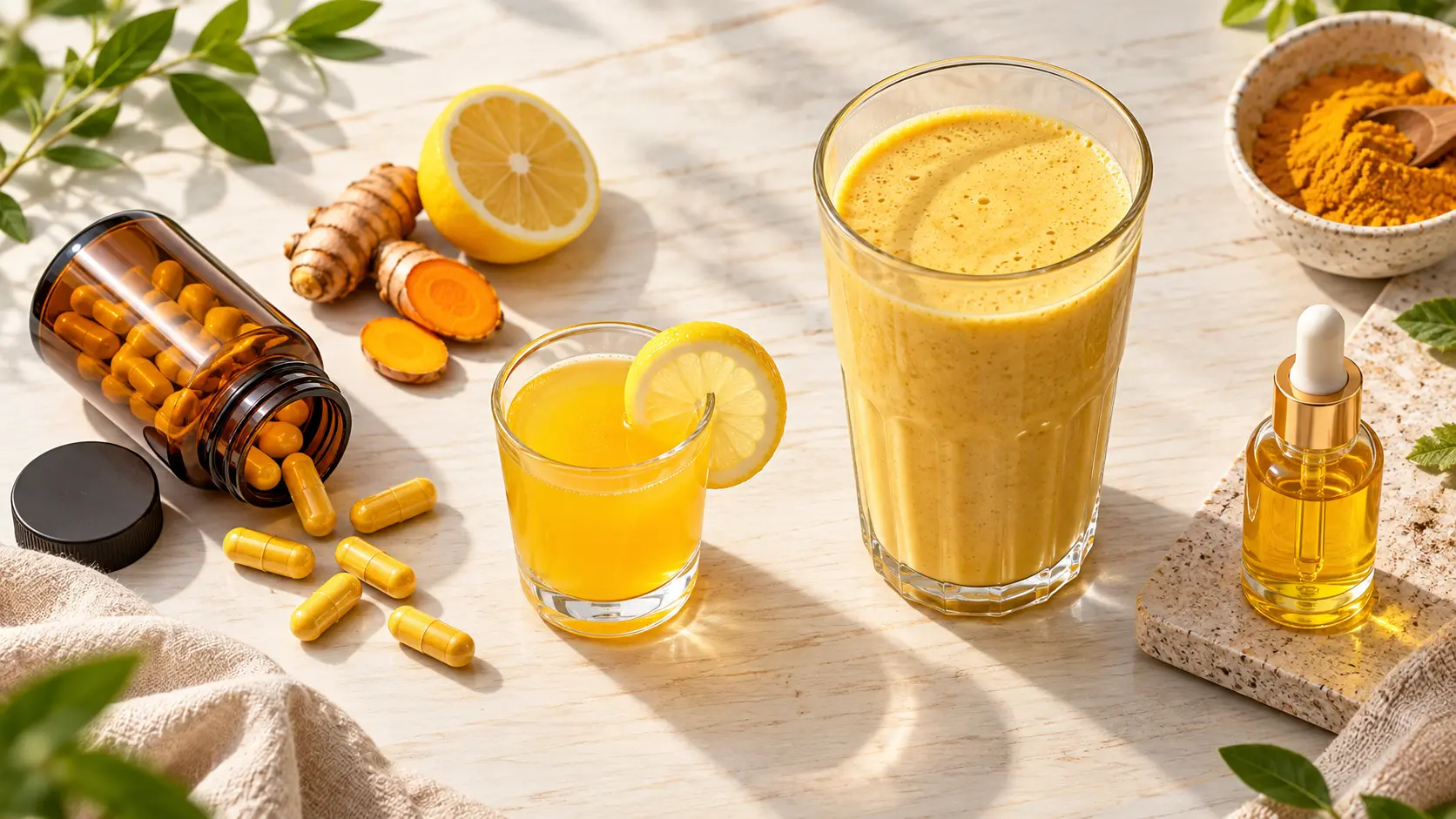 Curcumin in different product forms — supplement capsules, acidic beverage, protein shake and topical serum showing application scenarios for turmeric extract