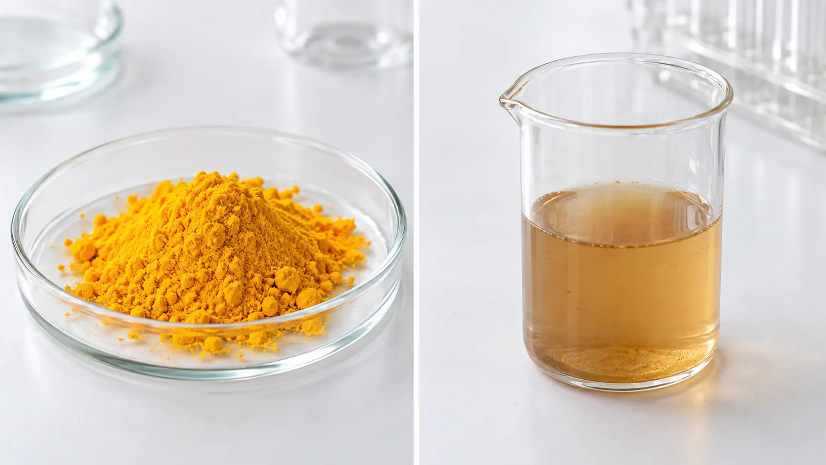 Curcumin heat stability comparison — dry powder retains yellow colour after autoclaving while dissolved curcumin in solution turns pale