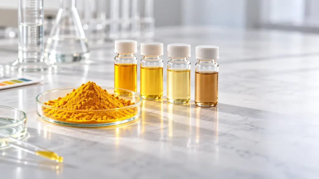 Curcumin stability guide — turmeric extract powder and dissolved curcumin samples showing colour differences under different pH and processing conditions