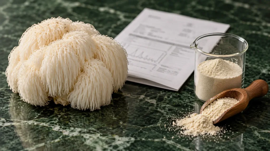Lion's mane mushroom (Hericium erinaceus) fruiting body alongside extract powder, illustrating the bioactive compounds — beta-glucans, hericenones and erinacines — covered in this sourcing guide