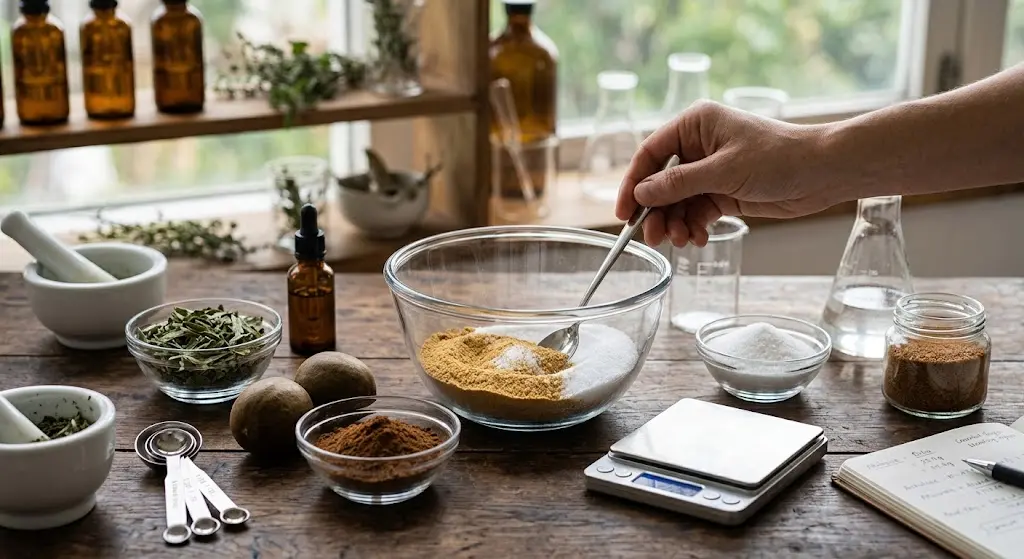Natural sweetener blend formulation with stevia, monk fruit, sweetener powders and a digital scale.