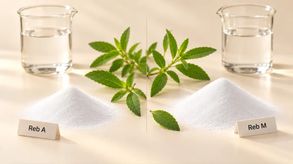 Reb A vs Reb M comparison — two piles of white steviol glycoside powder with fresh stevia leaves, illustrating the difference between rebaudioside A and rebaudioside M