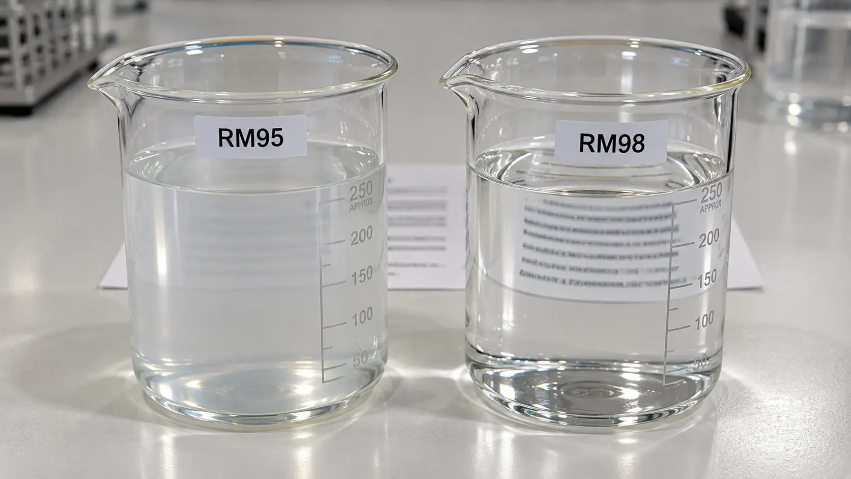 Reb M 95 vs 98 dissolution clarity test — RM95 solution shows slight opalescence while RM98 dissolves crystal-clear