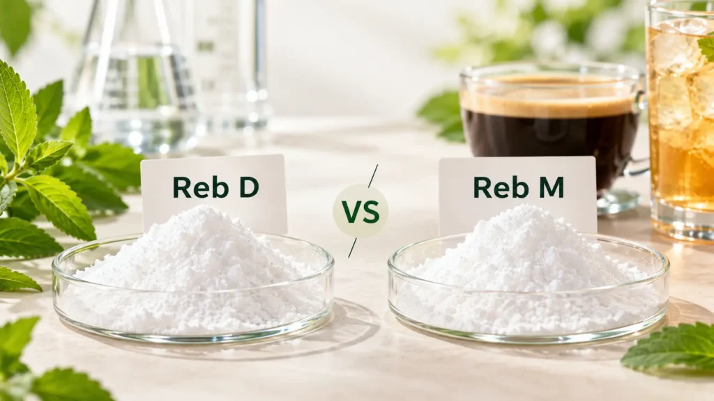 Reb D vs Reb M comparison showing white steviol glycoside powders in glass dishes, with stevia leaves and beverage applications.