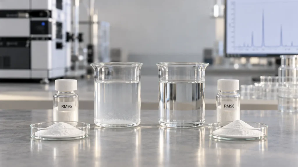 Rebaudioside M crystalline powder dissolving in water — visualising the solubility difference between RM95 and RM98 purity grades