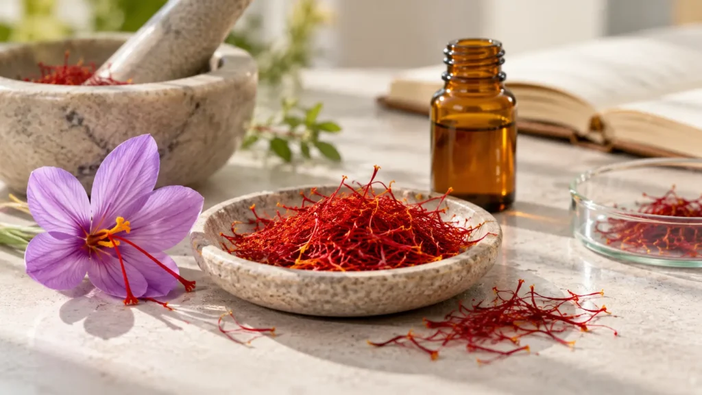 Saffron extract benefits illustrated by red saffron stigmas, purple crocus flower and botanical extract bottle